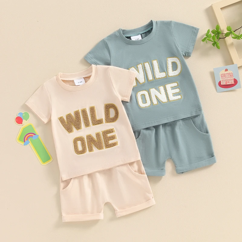 

2024-03-20 Lioraitiin Summer Baby Boys Outfits Letter Embroidery Short Sleeves T-Shirt and Elastic Shorts Vacation Clothes Set