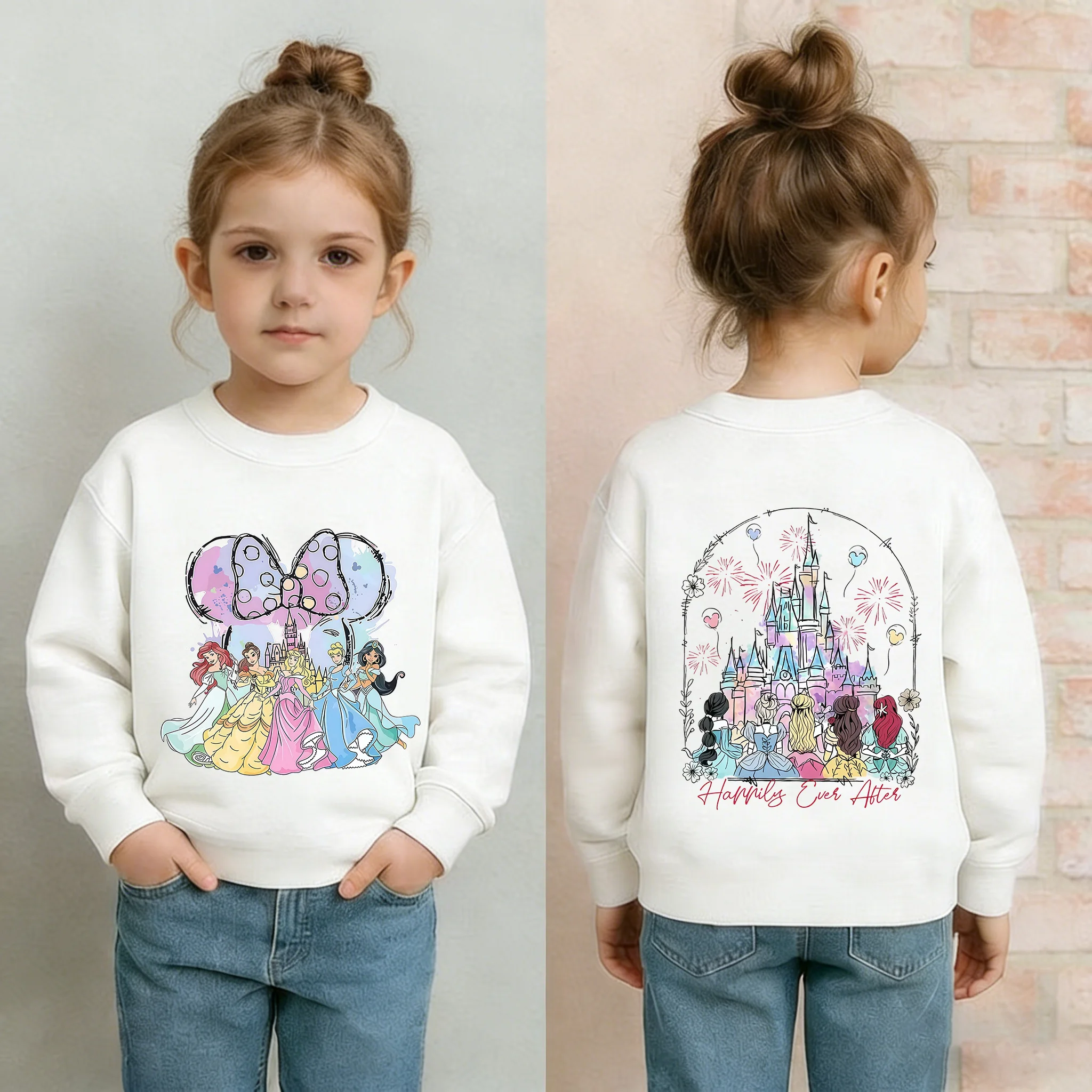 Camiseta de manga larga con estampado de castillo de cuento de hadas para niñas, Top informal de otoño con cuello redondo, ropa blanca para niños