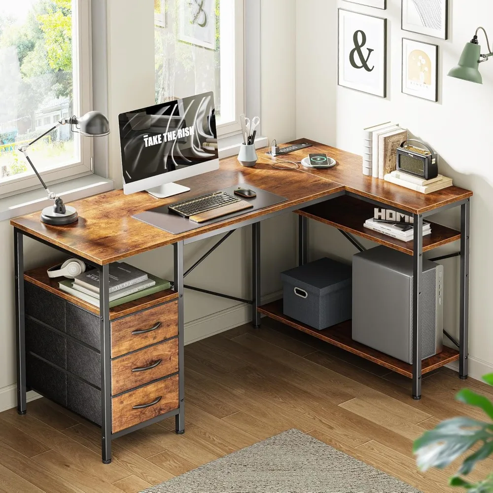 L Shaped Desk with Power Outlets, Computer Desk with 3 Drawers, 47 Inch Office Desks with Shelves, Rustic Brown Office Desks