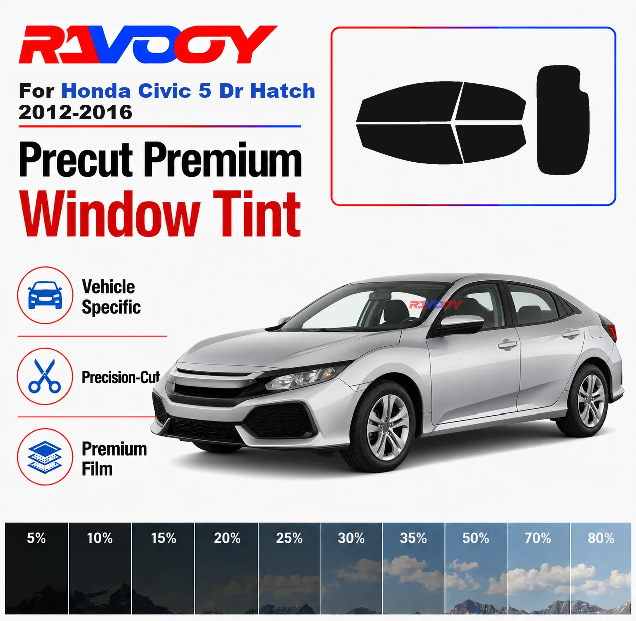

Premium Precut Window Tint Kit Front Windows Rear Windows Rear Windshield For Honda Civic 5 Dr Hatch 2012-2016 Nano Ceramic Film