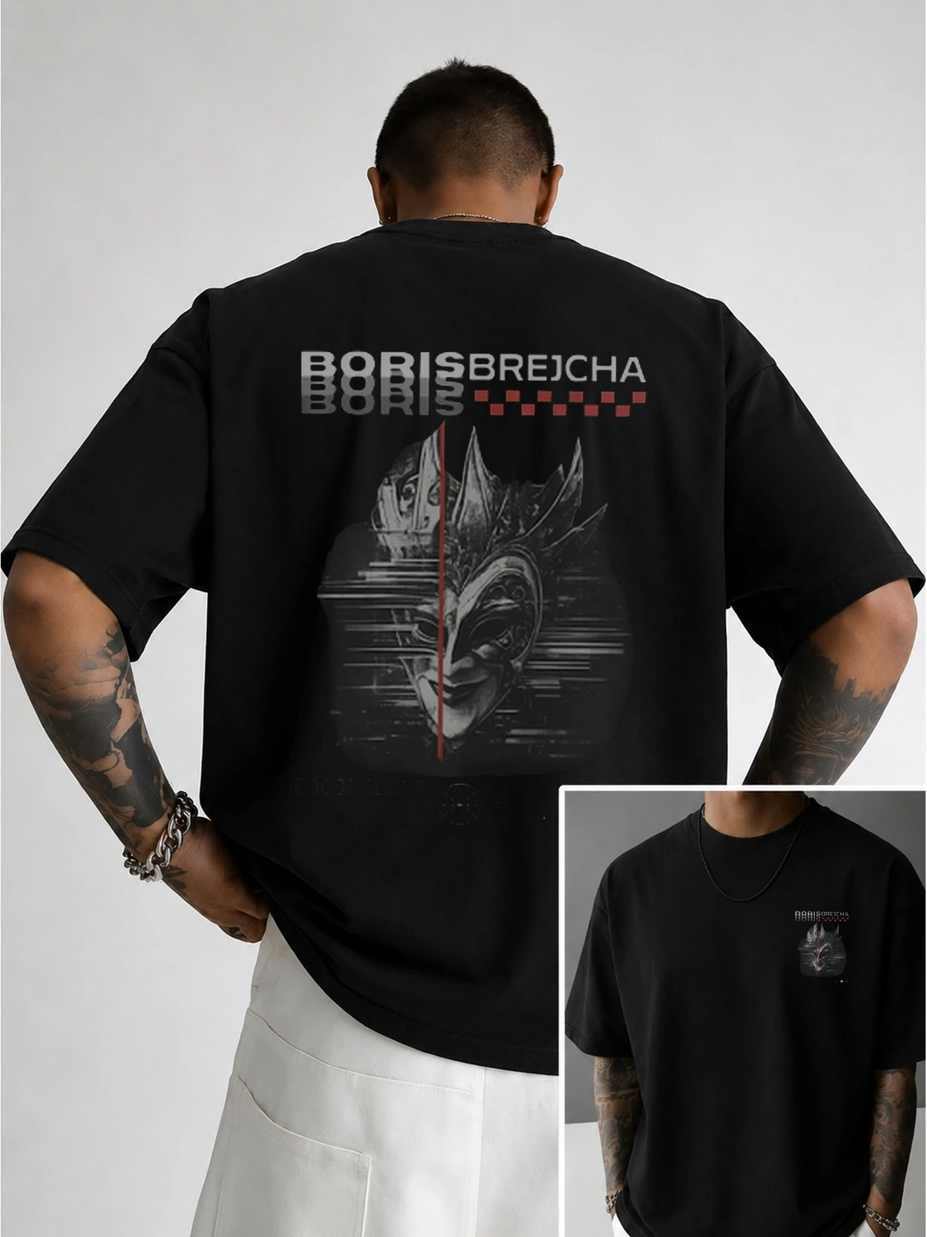 Men's black loose short sleeved shirt with Boris Brejcha mask pattern print      Loose casual unisex streetwear shirt