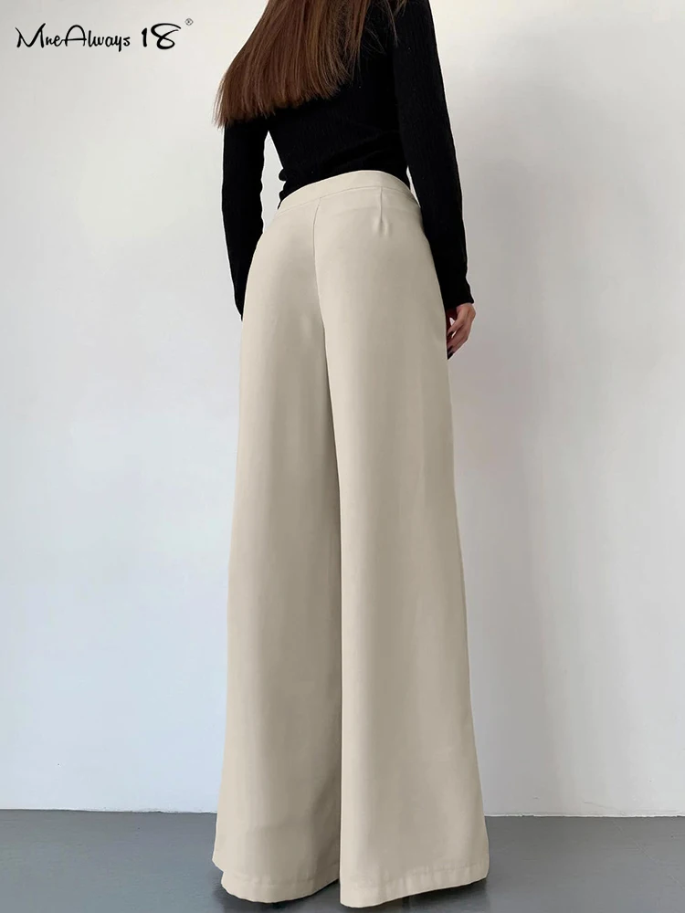 Mnealways18-Pantalon plissé à jambes larges pour femme, élégant, décontracté, taille haute, réglable, bureau, printemps 2025