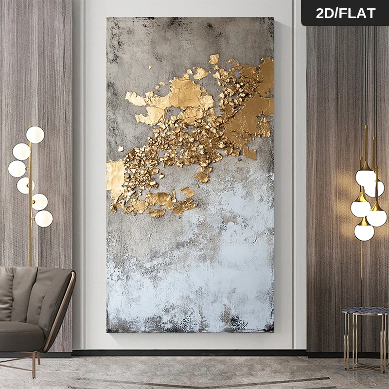 2D/Flat Modern Abstract Frameless Golden Flakes Canvas Wall Art - Oversized Canvas Prints for Living Room and Bedroom Decoration