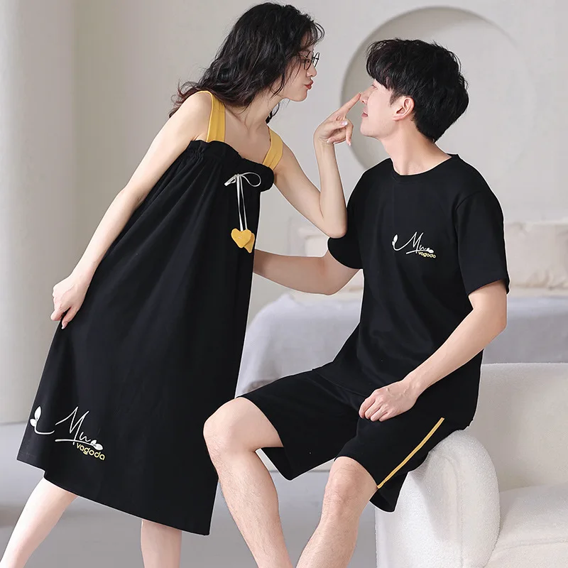 Pijama de algodão para casal, camisola dos desenhos animados pijamas de manga curta homens e mulheres, roupa caseira para amantes, combinando verão, 2023