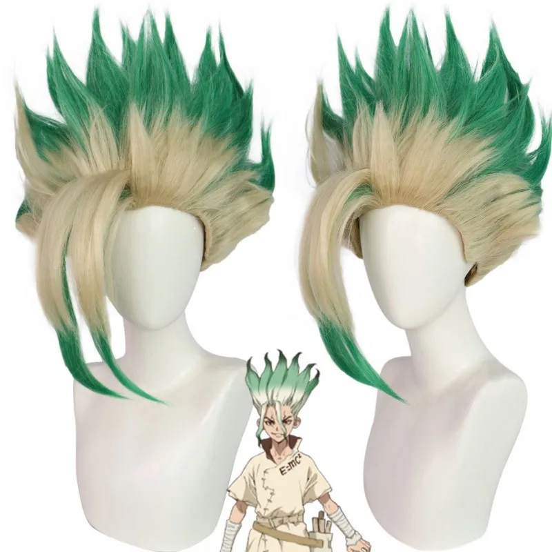 Men Two‑Tone Green Blonde Spiky Synthetic Cosplay Wig Heat Resistant Hair for Halloween Party Dress‑up With Wig Cap