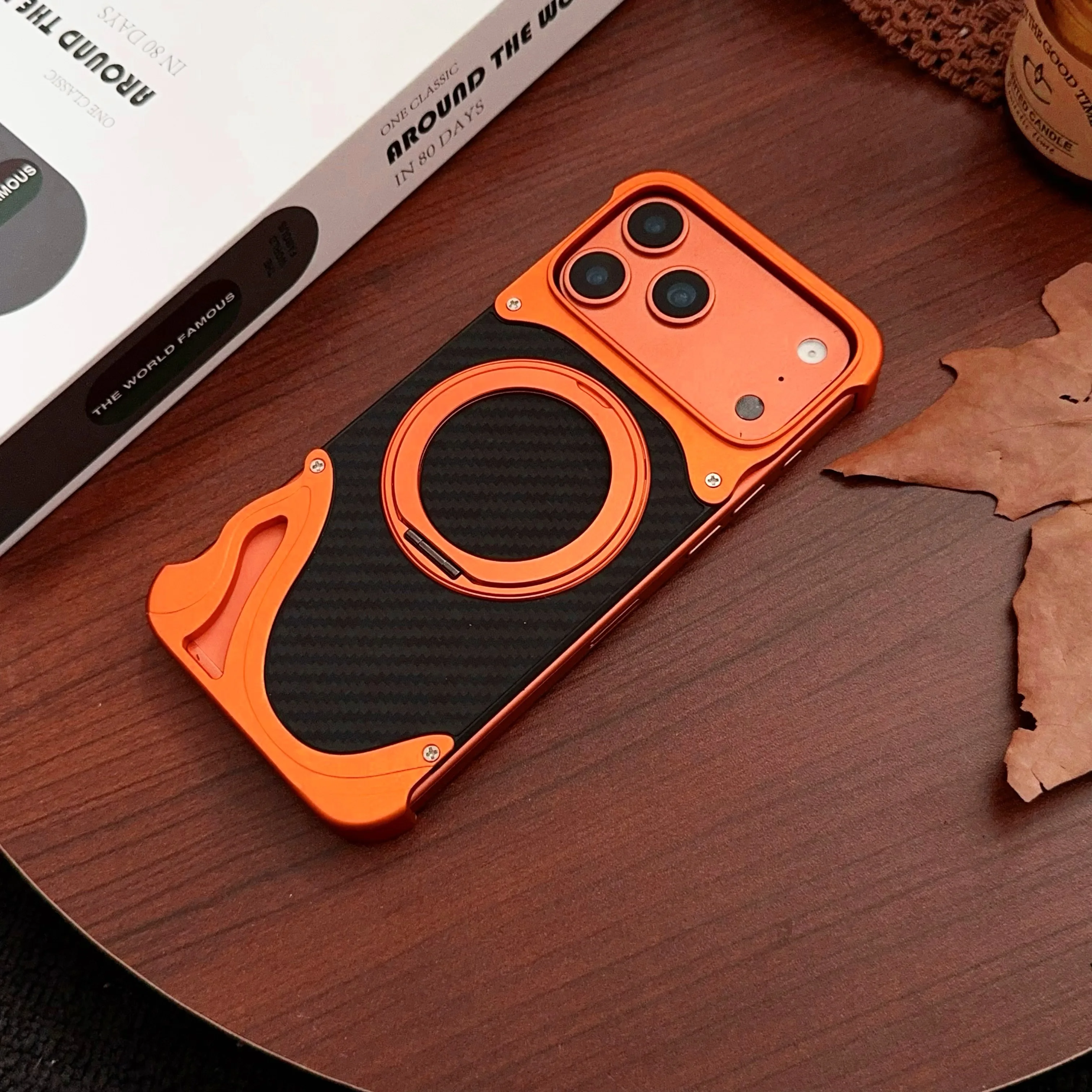 Magnetic metal Case for iPhone 17 Pro Max 17 pro 360° Rotatable Ring Kickstand Carbon Fiber Texture Protective Cover
