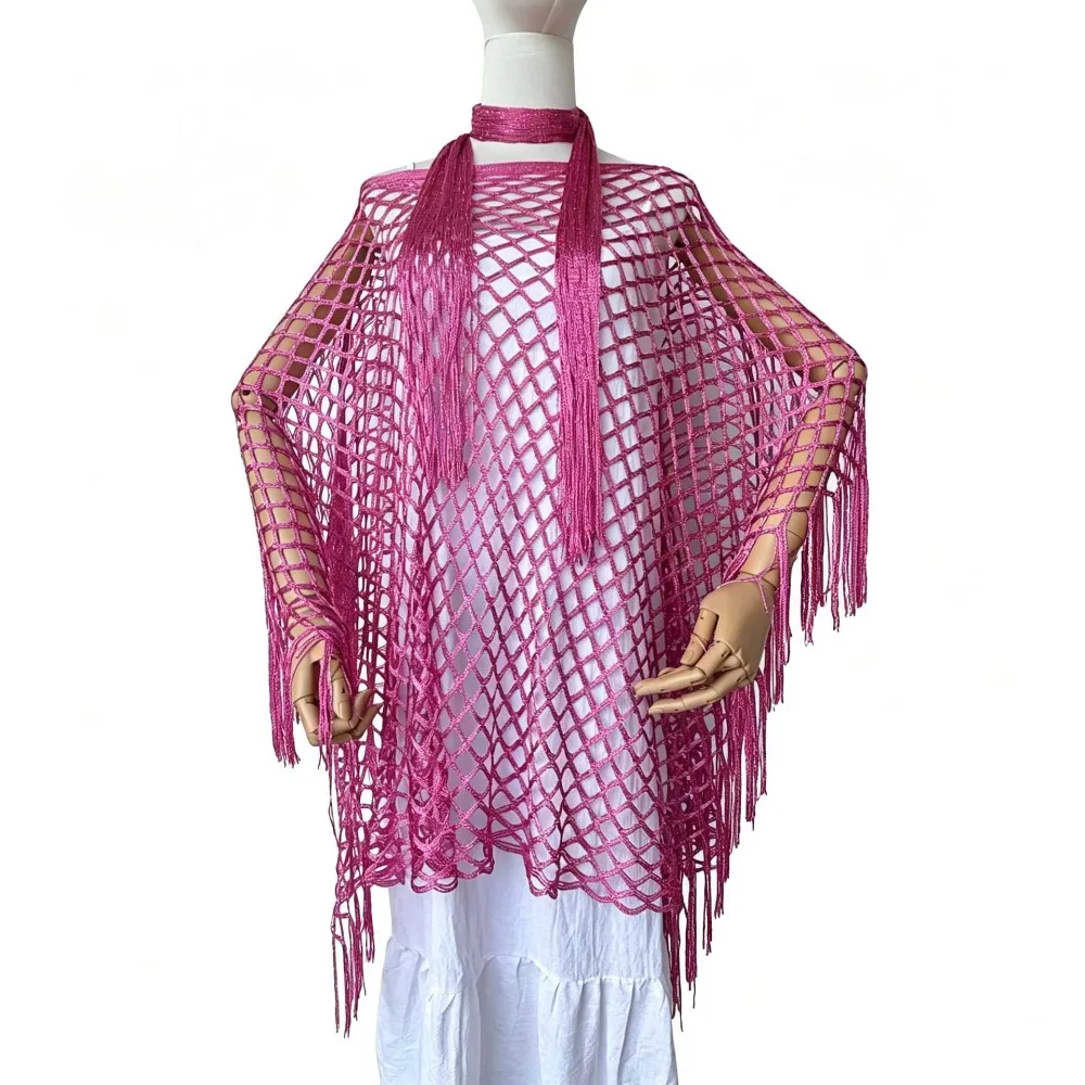 2pcs Casual Shiny Shawl and Scarf Set Hollowed Out Sun Protection Summer Sun Shawl Knitted Poncho Top Cloak Seaside Vacation