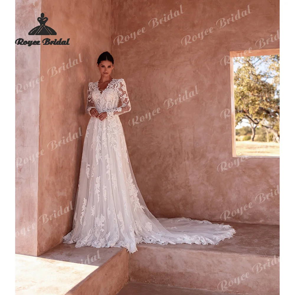 

Свадебное платье А-силуэта с кружевной аппликацией, V-образным вырезом, тюлем, пуговицами и бисером, пляжное, 2026, на заказ, vestido de novia