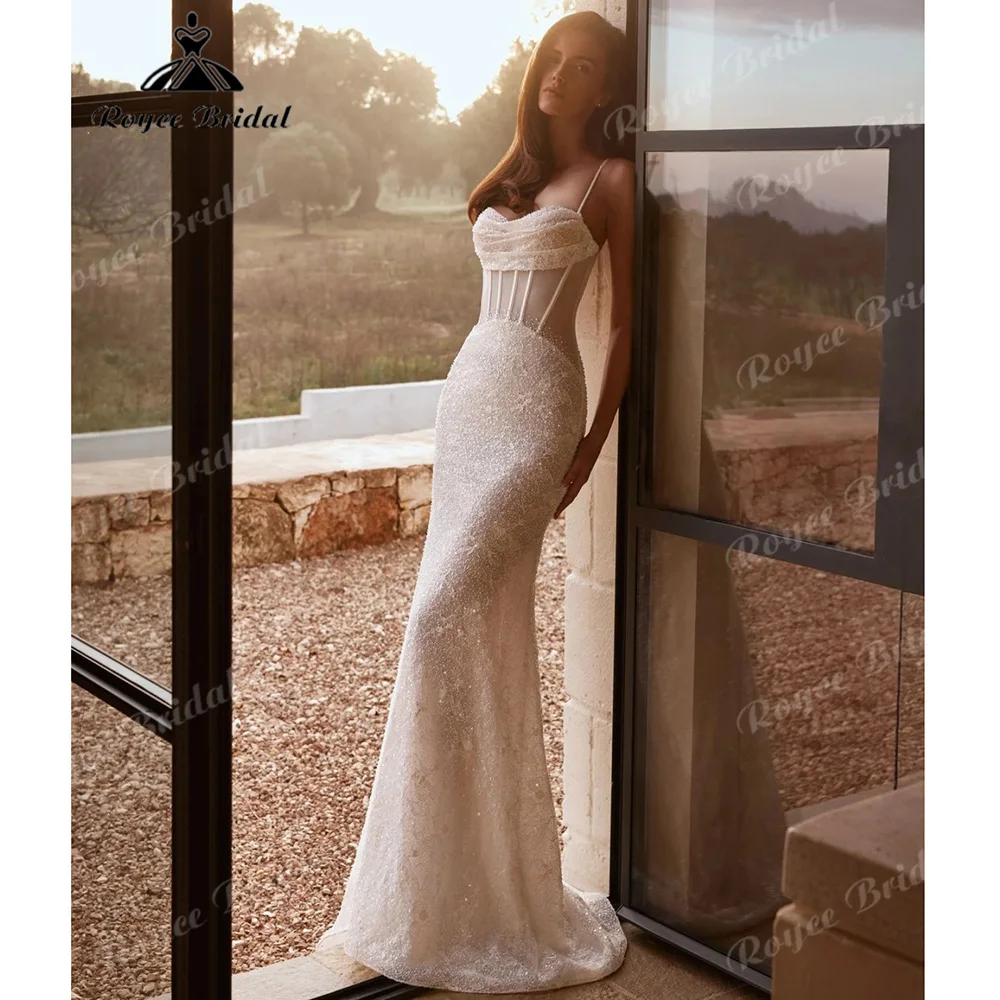 2027 Thin Strap Draped Sweetheart Mermaid Wedding Dress Sheer Corset Beaded Floral Mesh Lace Sweep Train Bridal Gown Customized