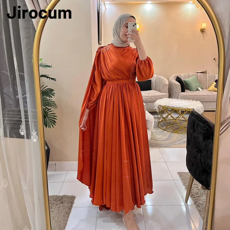 

Jirocum Muslim A Line Evening Gowns Women's O Neck Pleated Party Prom Dresses Custom Special Occasion Dress Vestidos De Fiesta