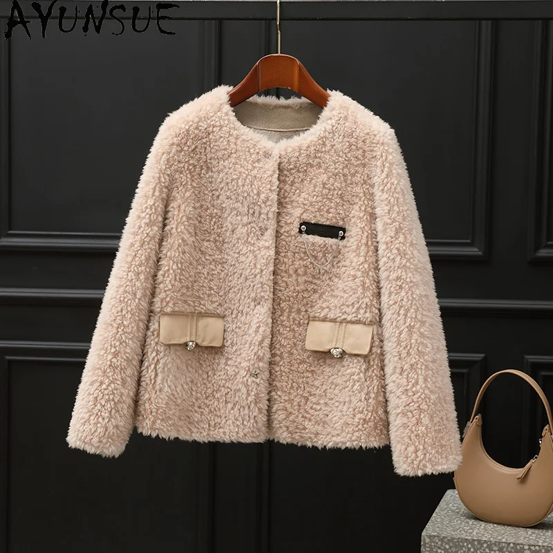 AYUNSUE 100% ウールコート レディース 2025 グレインシープ シアリングジャケット 冬服 女性用 合成毛皮コート 新作