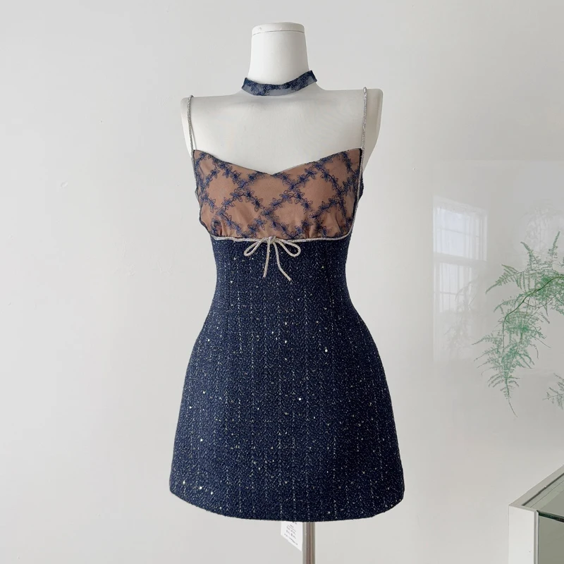 

Spaghetti Strap Mini Dress Elegant Tweed Short Dress Party Club Embroidered Patchwork Slim-fit Dresses Vestidos Mujer Sundress