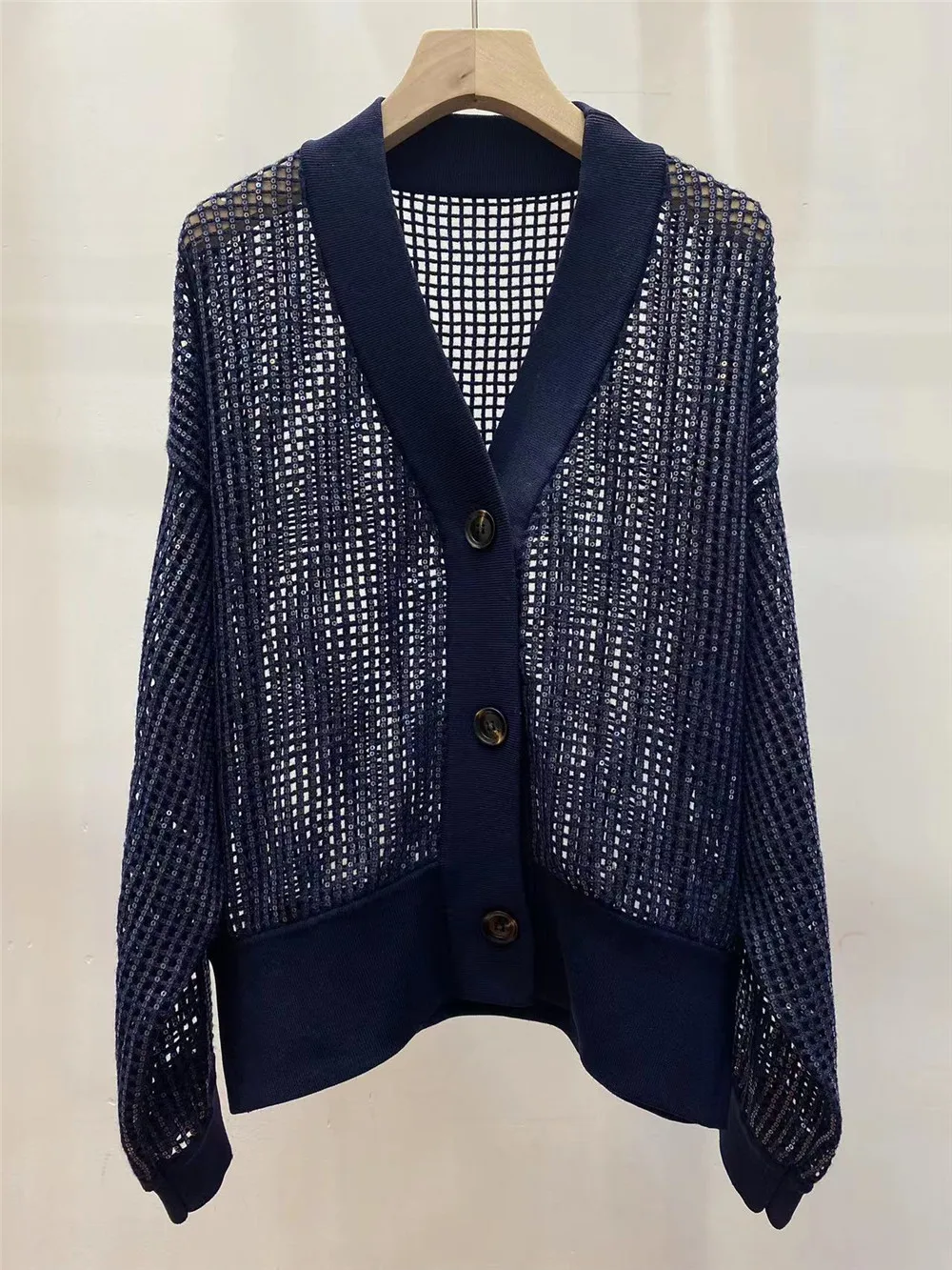 Women's Hollow Sequined Cardigan 2025 Spring Summer Long-sleeved Knitted Jacket Top