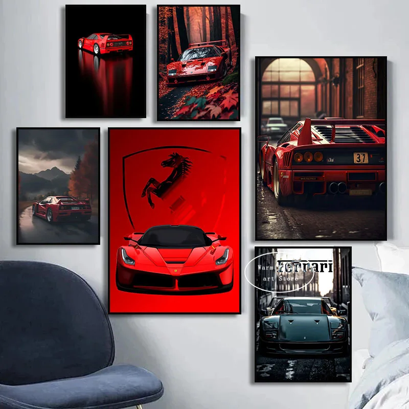 Red Black Luxury Car Ferraris-F40 Posters and Prints Canvas Painting Wall Art Pictures Modern Living Room Office Home Decor