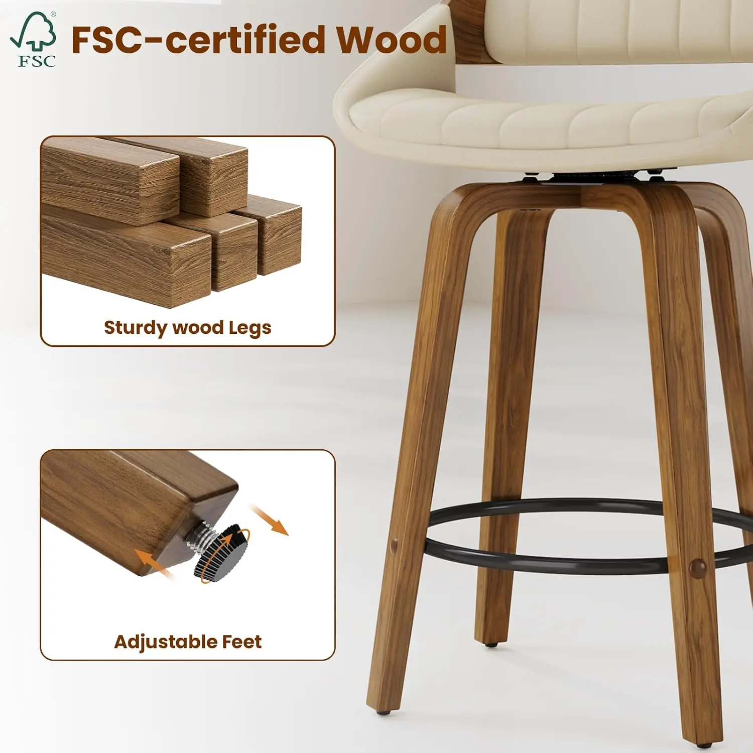 26" Swivel Counter Height Bar Stools Set of 2, Mid-Century Modern Faux Leather Upholstered Beige Chairs for Kitchen Island, Cafe, Dining Room view 6