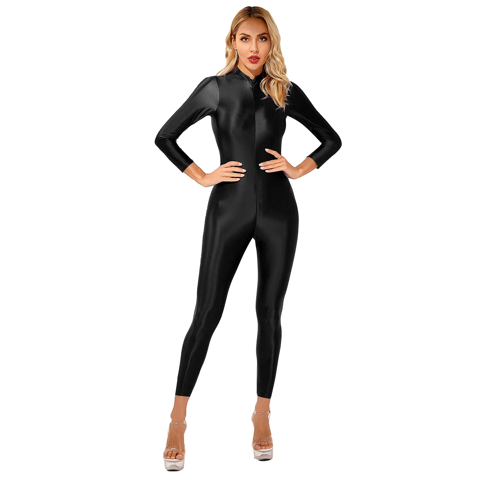 Womens Lingerie Bodysuit One-piece Shimmery Smooth High Neck Long Sleeves Ankle Length Double-ended Zipper Leotard Jumpsuit