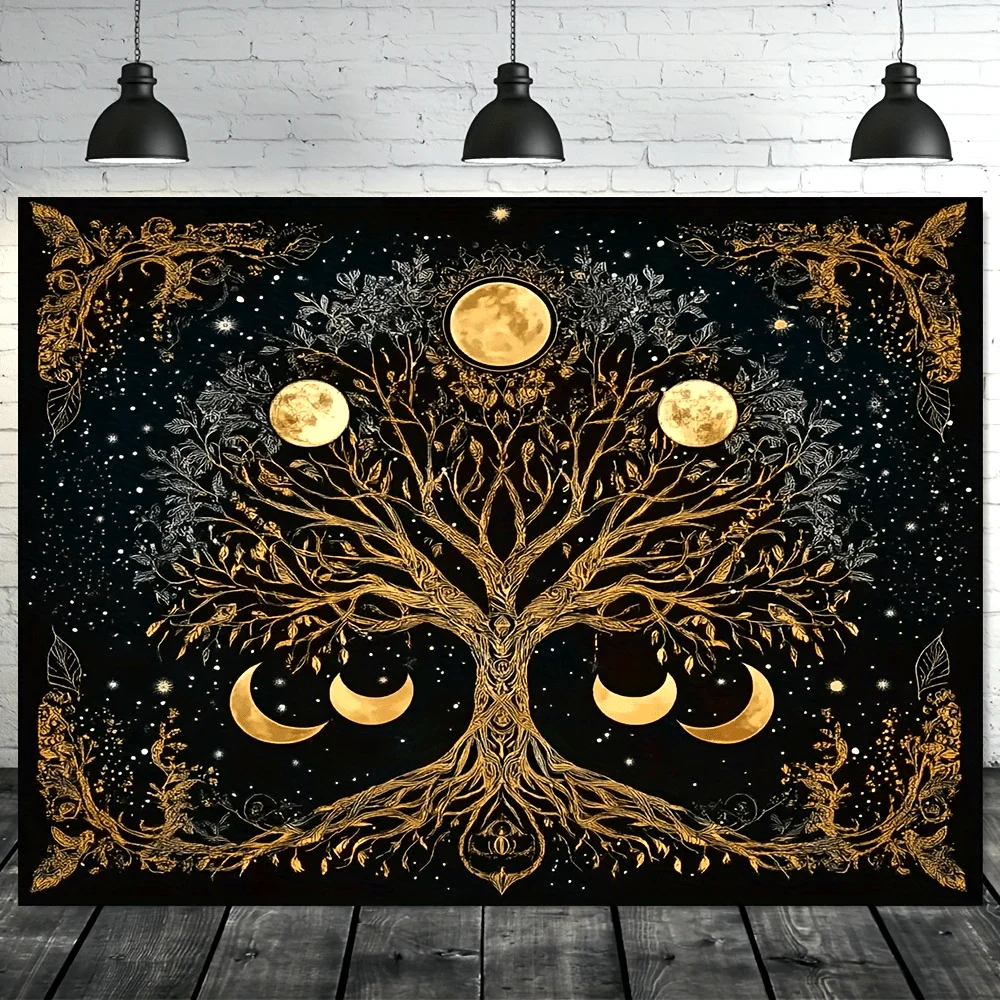 VIKAMA Tree of Life Starry Sky Tapestry Golden Tree and Moon Stars Bohemian Style Living Room Background Wall, Bedroom Decor