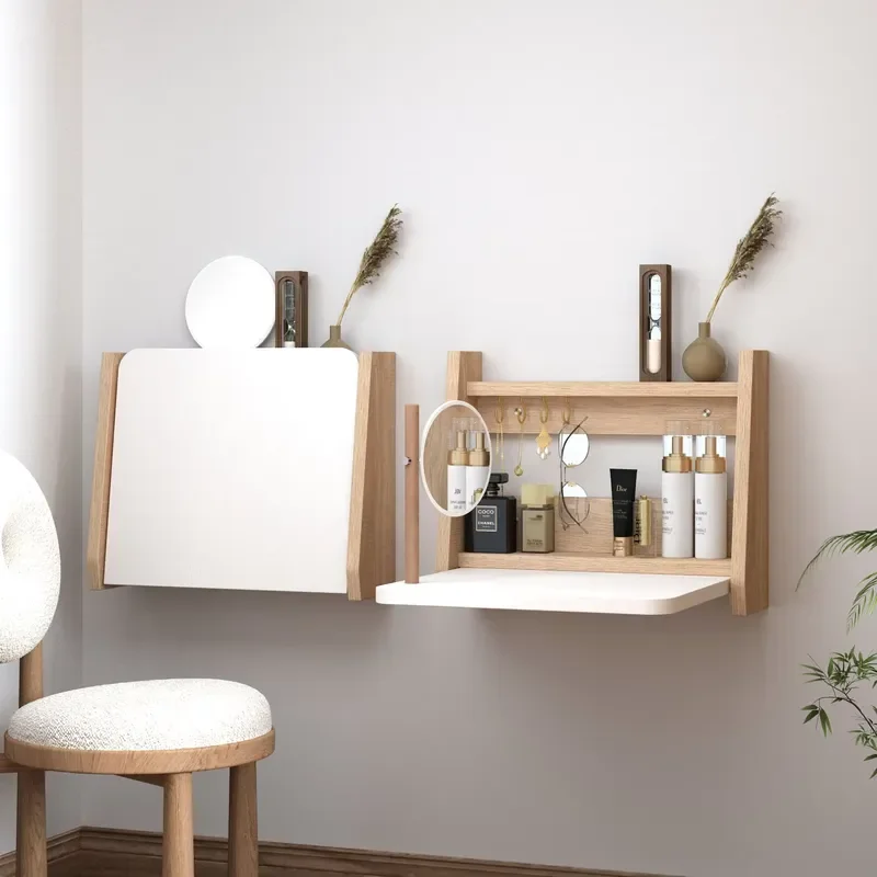 Shangmule Small Size Multifunctional Wall-Mounted Foldable Dressing Table Invisible Storage Modern Solid Wood Makeup Desk