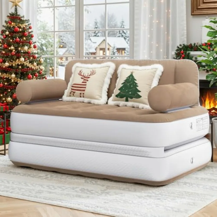

Queen size inflatable sofa bed mattress with headboard for home, apartment, or camping; brown and white fabric; includes pump a