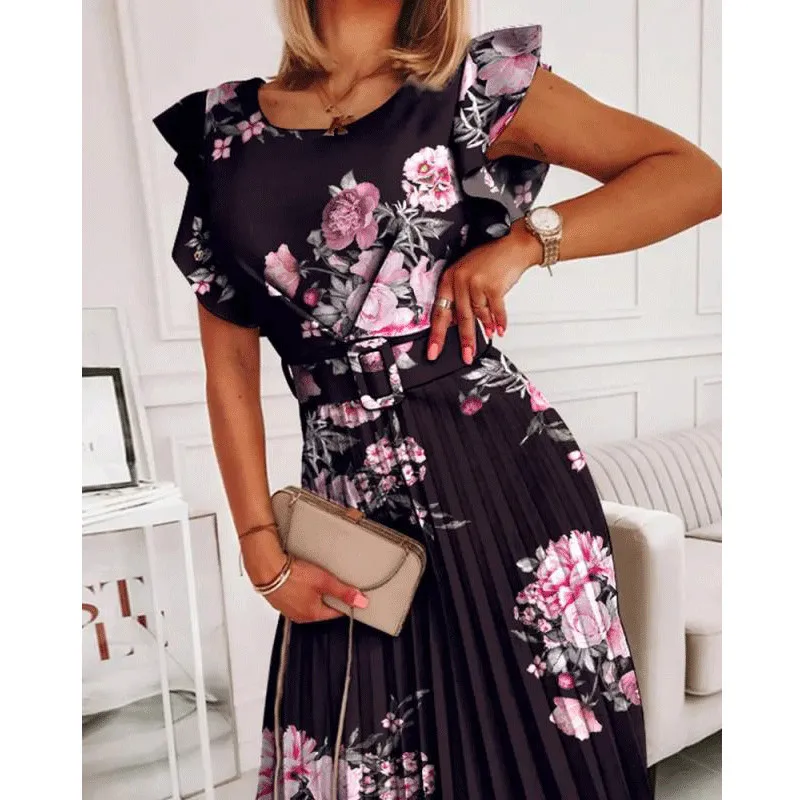 المرأة الصيف الجديدة جولة الرقبة الخصر مطوي كشكش حافة فستان مُزين بطباعة عالية الخصر أزياء عارضة اللباس