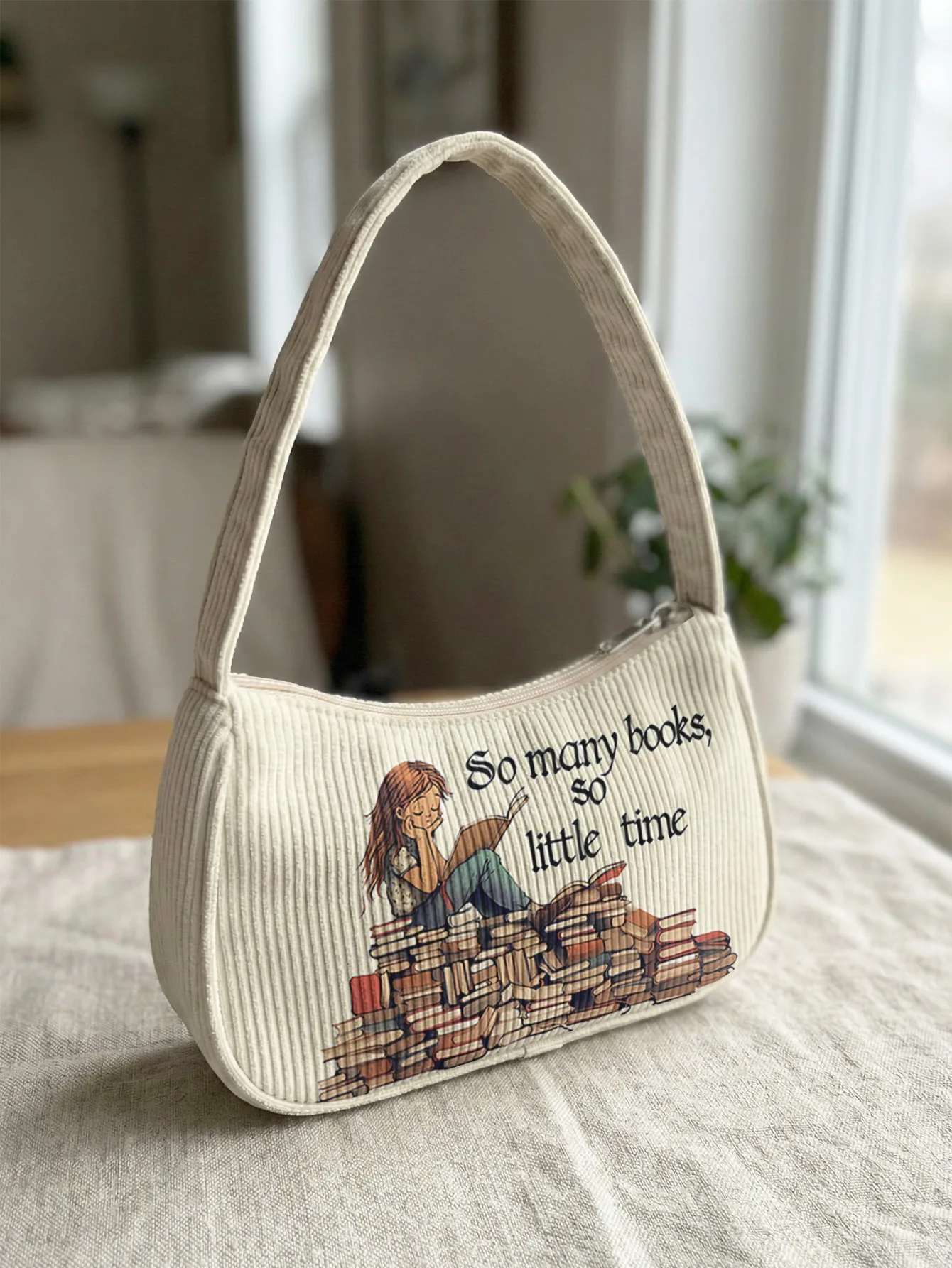 Book Lover Girl Reading With Quote Text Print Shoulder Bag, Corduroy Underarm Bag For Daily Casual Use