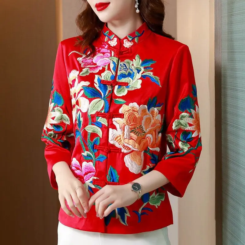 Vintage button cardigan blouse female top Spring 2023 New embroidery Slim Chinoiserie cheongsam collar casual shirt blouse Women