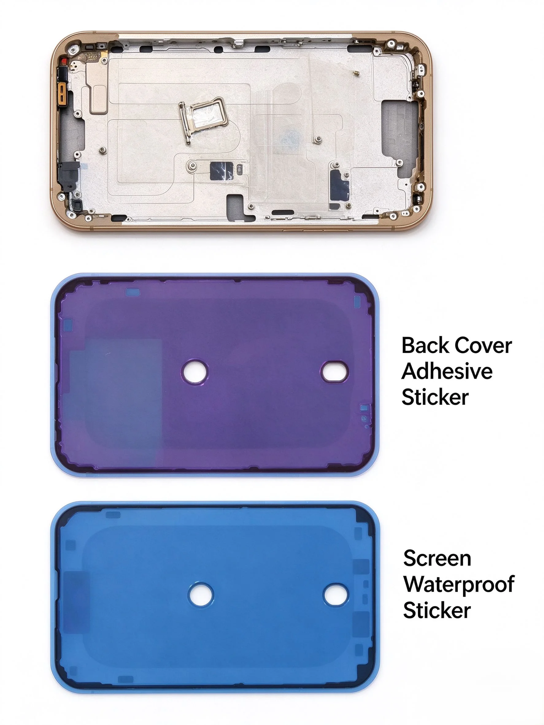 iphone-16-pro用ミドルフレーム。画面防水ステッカー、背面カバー用接着ステッカー、底面のペンタローブネジが付属。背面ガラスは付属しません。