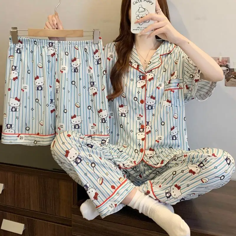 حار جديد أنيمي لطيف مرحبا كيتي المرأة بيجامة الكرتون صورة Kawaii الحلو نمط فتاة ملابس المنزل في سن المراهقة طويلة الأكمام بنطلون بيجامة