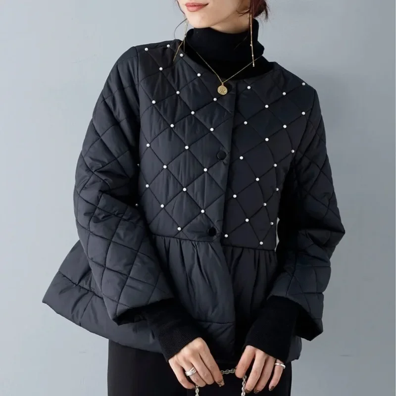 Autumn Winter Beads Pearl Lightweight Warm Quilted Coats Women Korean Fashion Black Long Sleeve Outerwear Casual Parkas Jacket