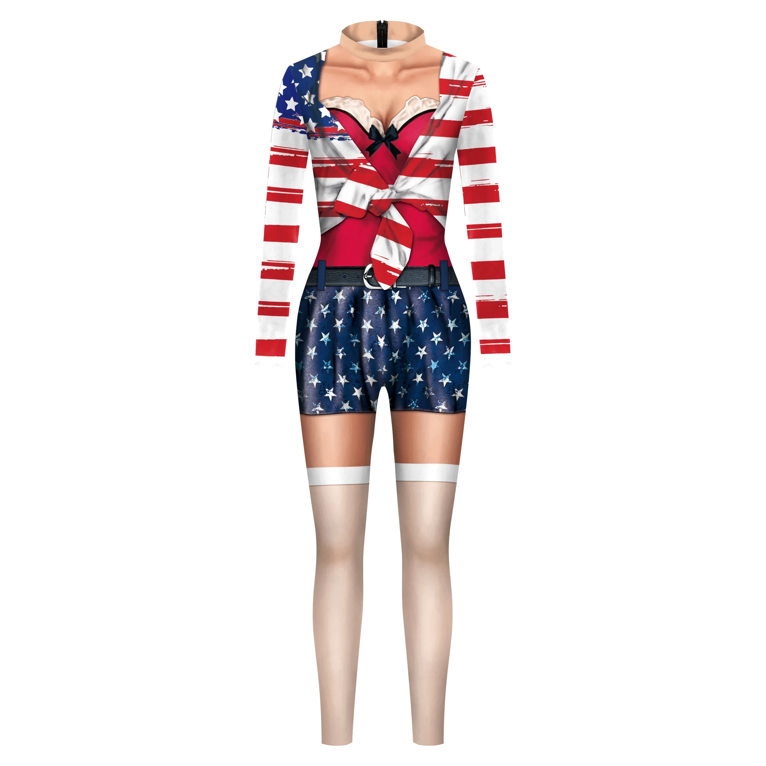 Teanoon Independence Day Costume Women US Flag Printed Bodysuit Sexy Zentai Suit Girls Holiday Clothes Party Jumpsuit