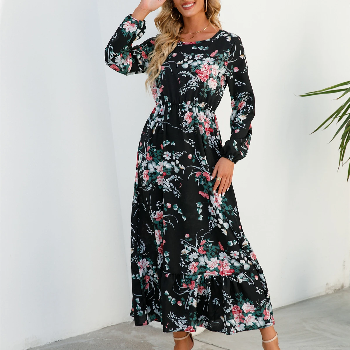 

Sping Autumn Bohemian Women Maxi Dress Casual Long Sleeve High Waist Beach Woman Chiffon Dresses black Floral Vestidoes Mujer