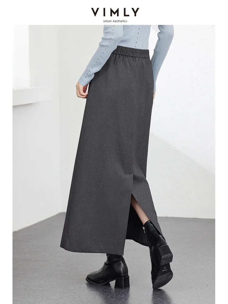 VIMLY Women's Classic Retro Long Skirts Autumn Elegant Office Lady Back Slit Casual Length-option Female Straight Simple Skirts