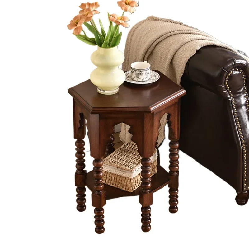 Solid wood sofa small square table, small hexagonal retro living room wooden skeleton edge table