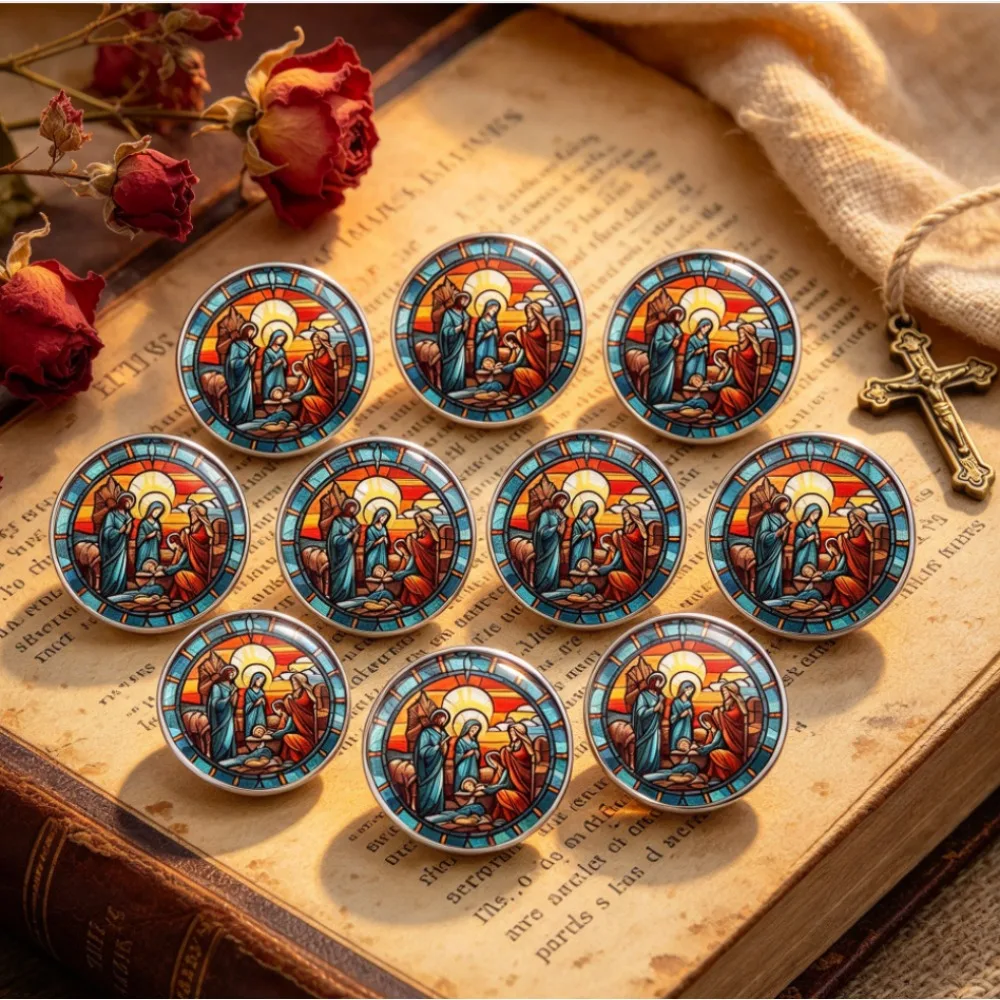 6/12/20 Pcs 2D Flat Stained‑Glass Style Nativity Scene Brooch,Stainless Steel Lapel Pin,Jesus Birth Art Accessory,Souvenir Gift