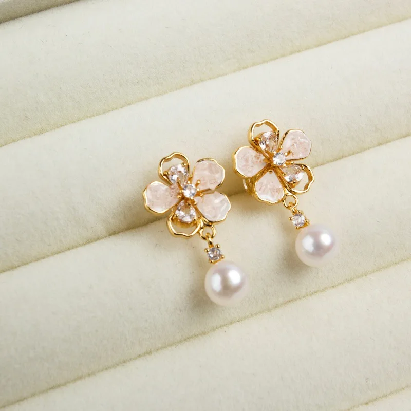 

Новое поступление, блестящий циркон, цветок, натуральный пресноводный жемчуг, 14-каратное золото, женские серьги-гвоздики с кисточками, ювелирные изделия для женщин, подарок