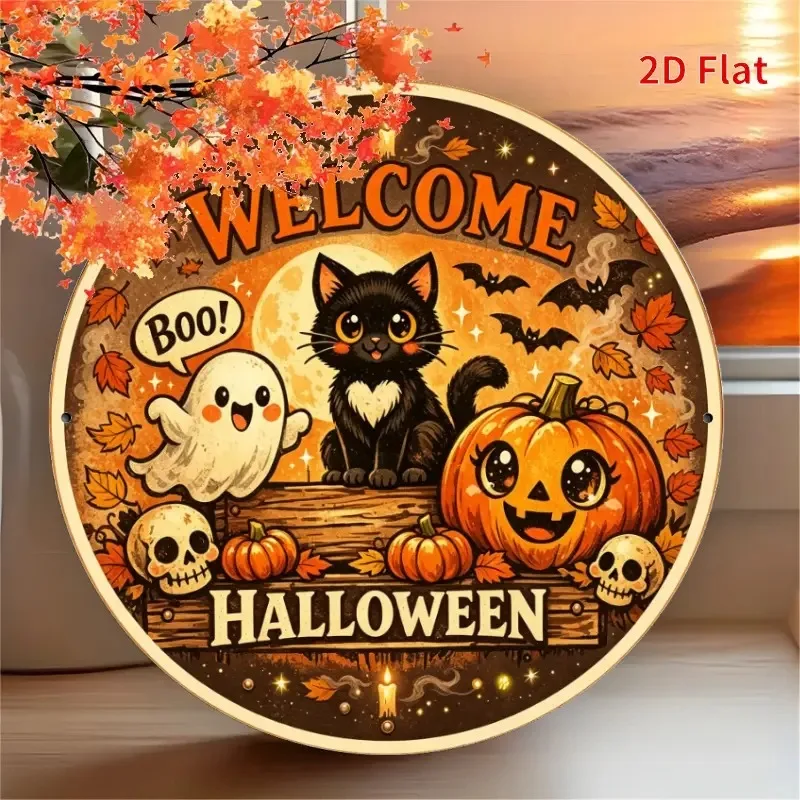 2D Flat, [2D Flat] 2D Flat [2Dflat]1pcs 20x20cm- Welcome Halloween Round Metal Tin Sign Cute Black Cat Pumpkin Skull Bat Retro M
