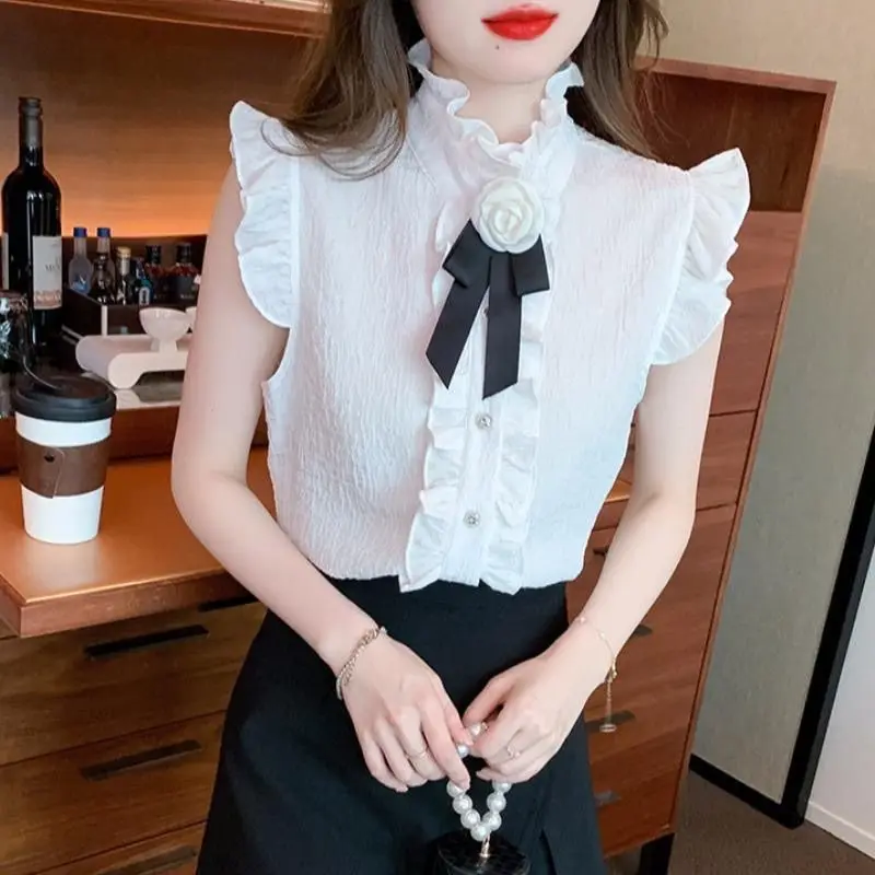 

Simplicity Commuter Summer Blouses Women's Spliced Bow Sleeveless Ruffles Stand Collar Button Loose Chic Solid Color Shirts Tops