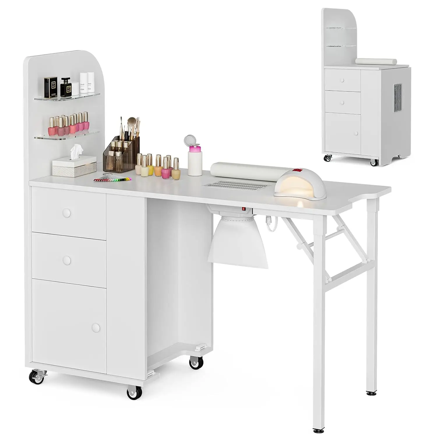 

Foldable Manicure Table w/Dust Collector Shelves Drawers Wrist Cushion Lockable Wheels for Salon Home Spa, Custom