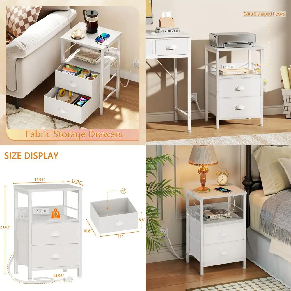 

White Charging Station Nightstand, Fabric Drawers Side Table, USB & Outlet Night Stand, Storage Shelf & Hooks Living/Bedroom Fur