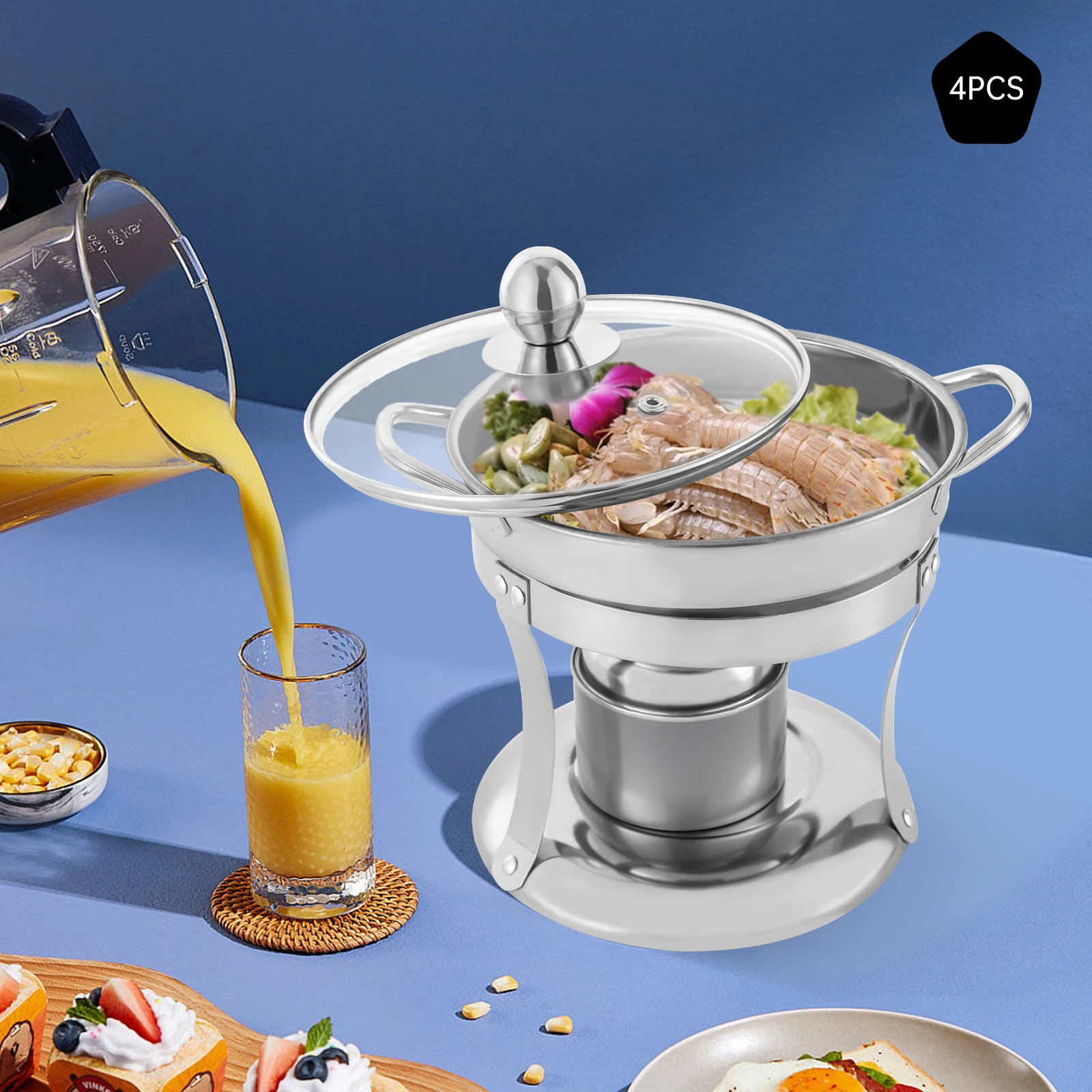 

4 Set Stainless Steel Buffet Warmer Chafer Round Chafing with Alcohol Fuel Holder for Single Hot Pot Catering Event Parties