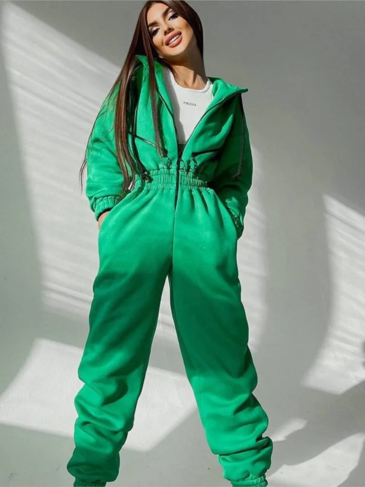 

Women Autumn New Arrival Solid Color High Pants Jumpsuits Long Sleeve Sports Casual Women's Hooded Jumpsuit Female For Clothing