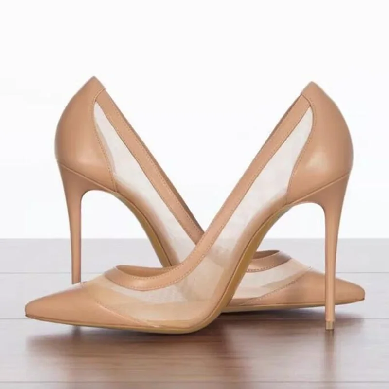 

Sexy Mesh Yarn Shallow Women Pumps Beige Leather Cap Toe Patchwork Stiletto High Heels Women Celebrating Shoes 12CM 0CM 8CM