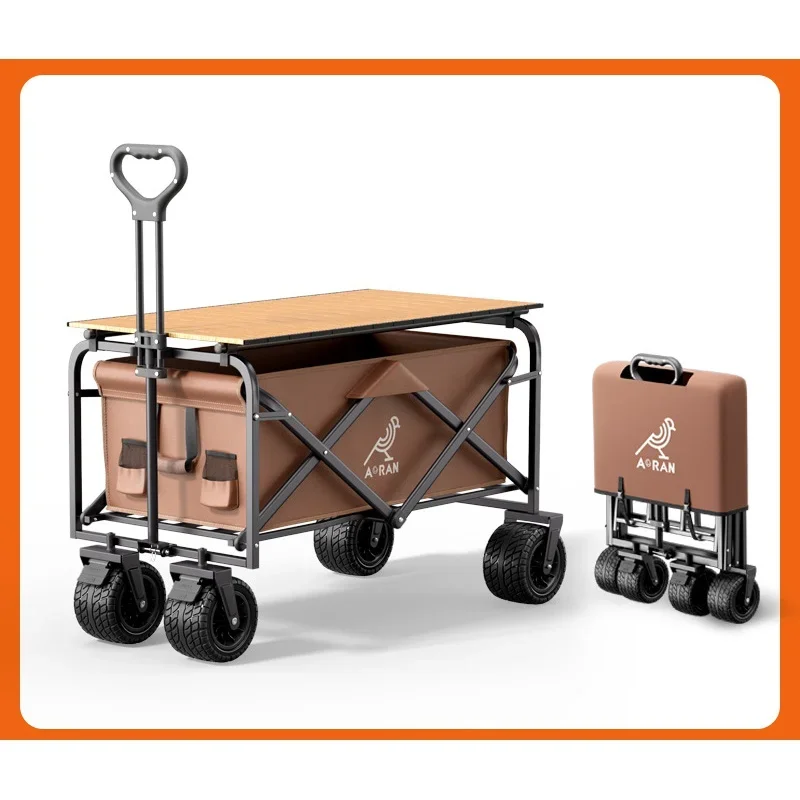 Foldable Hand Pushing Camping Trailer, Off Road Wheeled Cart, Pull Rod, Rear Wagon, Outdoor Picnic Trolley