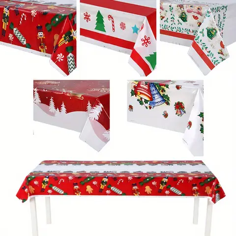 Christmas Plastic Tablecloth with Santa Claus Snowman Xmas Tree Design,Disposable Rectangle Cover for Kitchen Dining Table Decor