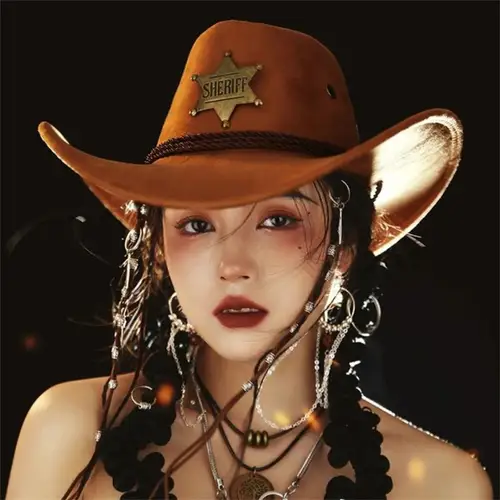 Imagen 2 del producto Sombrero de Sheriff del Oeste Salvaje con disfraz de fiesta de cinco estrellas para hombres, dama de Jazz, vaquera, sombrero de vaquero ancho, insignia de estrella única, decoraciones