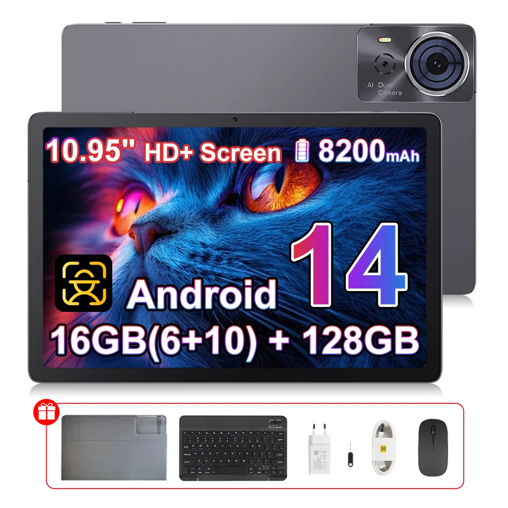 Tablette Cubot TAB 70, écran HD+ de 10,95 pouces, processeur octa-core, 16 Go (6 Go + 10 Go) + 128 Go de ROM, 8200 mAh, GPS, Face ID, Android 14, BT 5.0, OTG