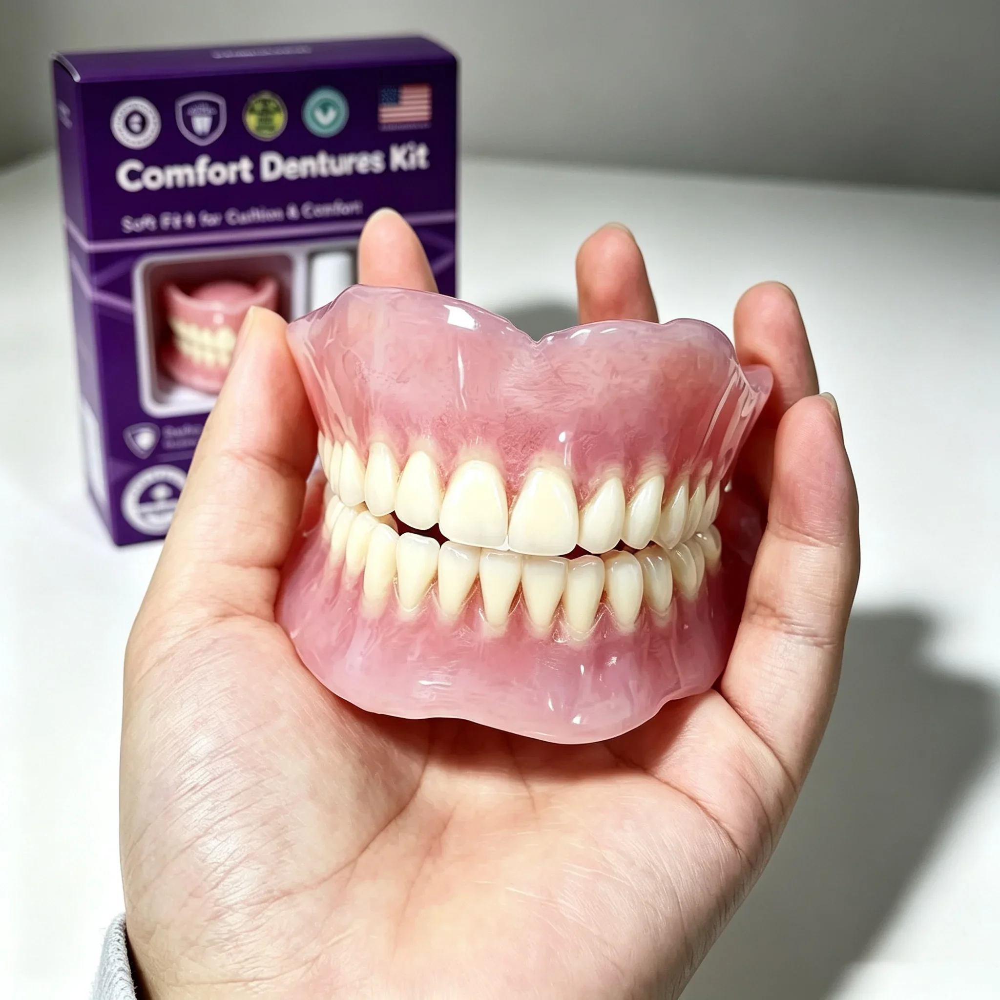 Dentiere finte in silicone sicuro, parte superiore e inferiore, adattamento confortevole, aspetto naturale, disponibili in grandi quantità, con spazzolino e dentifricio per la cura delle dentiere