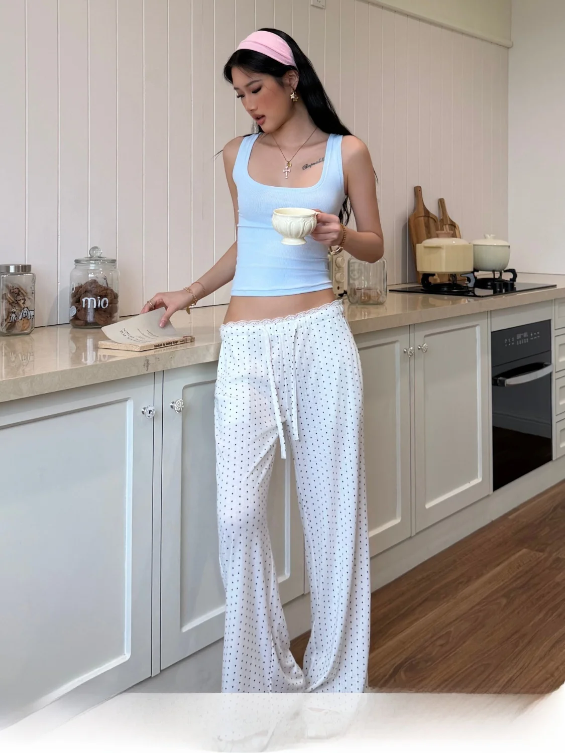 

Audwyn Polka Dot Lace Casual Pants Women's Loose Straight Wide Leg Pants Home Comfortable Slimming Long Trousers Street Style