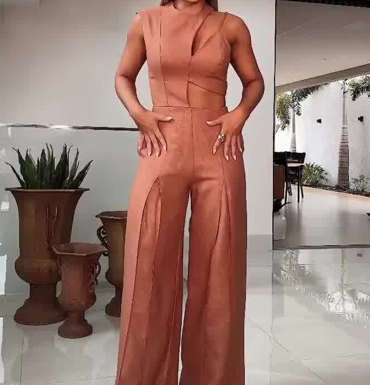 Summer Jumpsuit 2024 for Women Casual Style Fashion Round Neck High Waisted Solid Color Hollow Out High Waist Wide Leg Jumpsuit