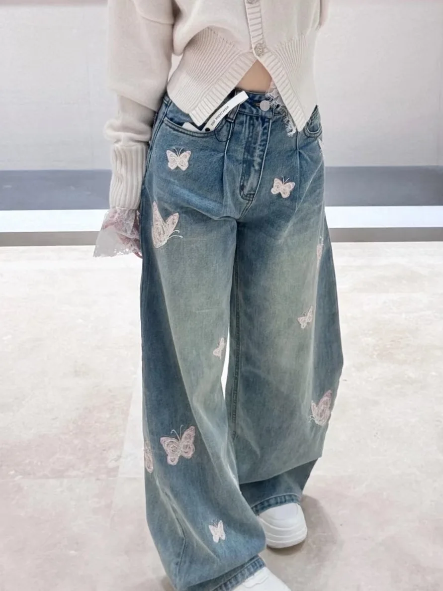 

Waed Blue Wide Leg Denim Jeans Embroidered Casual Spring New Sle High Waist Cotton Pattern Ladies Jeans